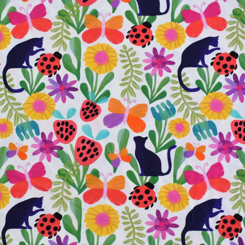 Baumwolljersey Cats, Ladybugs & Butterflies, weiß von Stoffe Hemmers