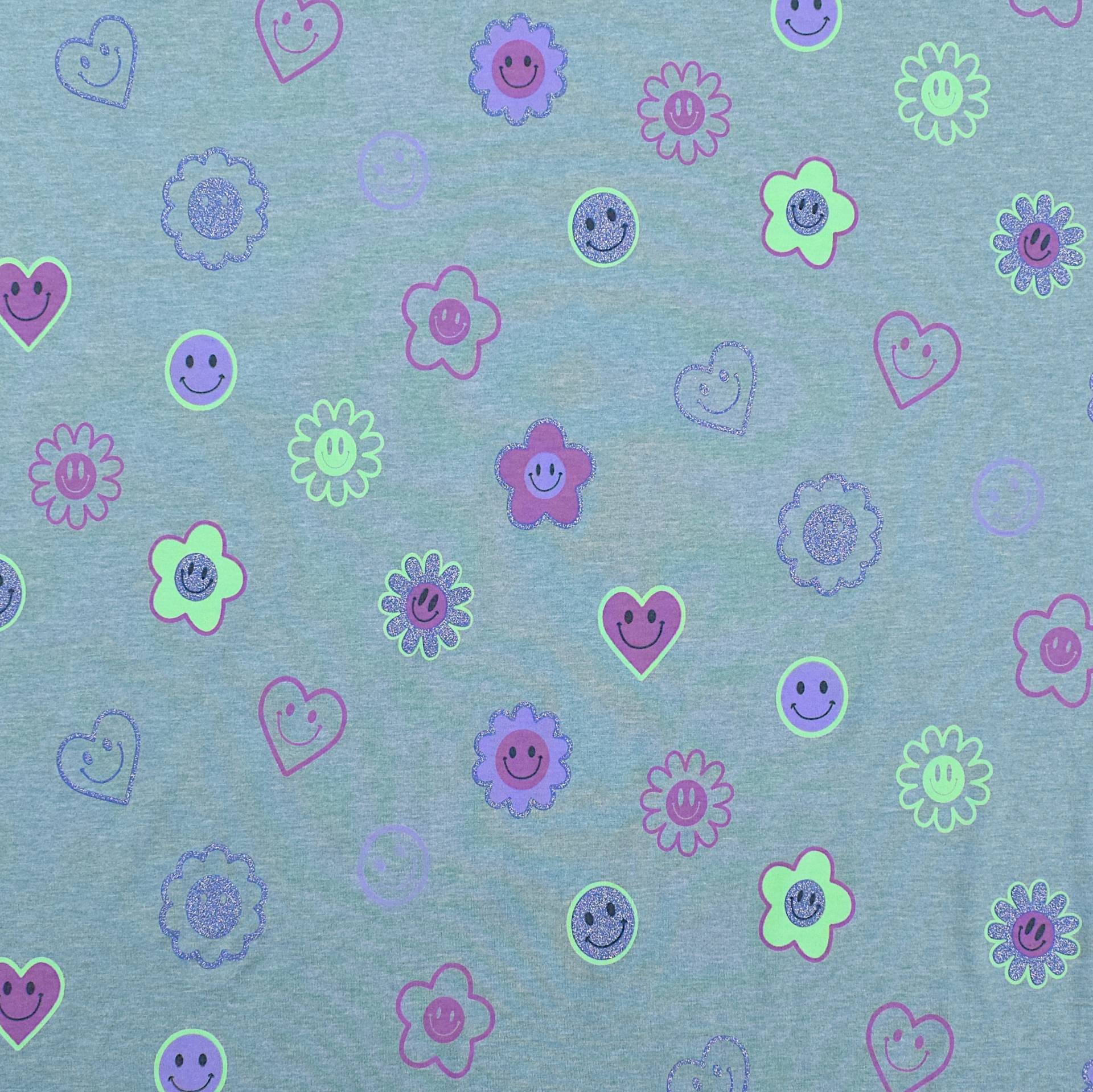 Baumwolljersey Glitter Happy Faces, rauchblau melange Baumwolljersey Glitter Happy Faces, rauchblau melange von Stoffe Hemmers