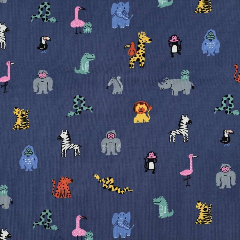 Baumwolljersey Happy Zoo, jeansblau von Stoffe Hemmers