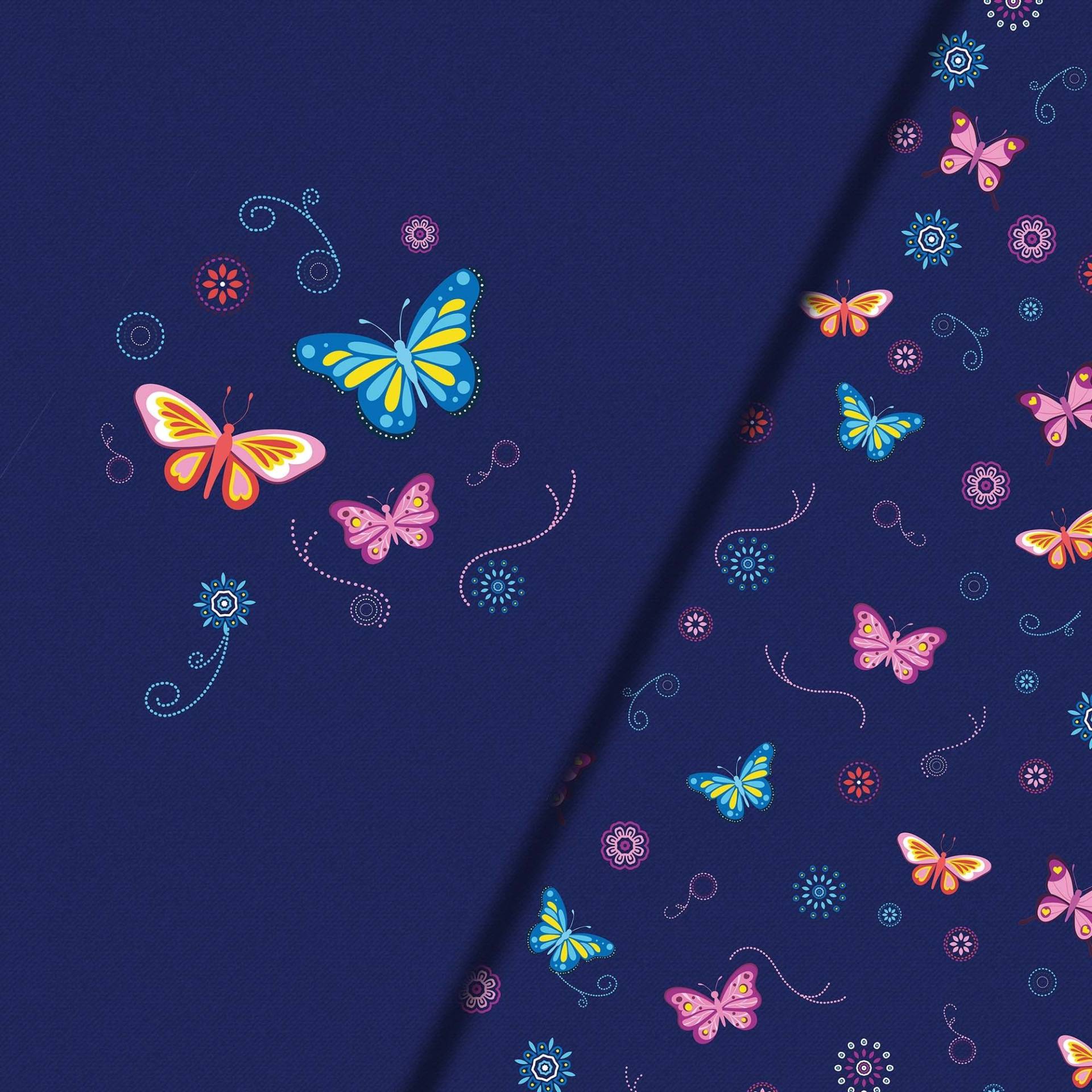 Baumwolljersey Malomi Panel Fröhliche Schmetterlinge, dunkelblau 145 x 80cm Baumwolljersey Malomi Panel Fröhliche Schmetterlinge, dunkelblau 145 x 80cm von Stoffe Hemmers