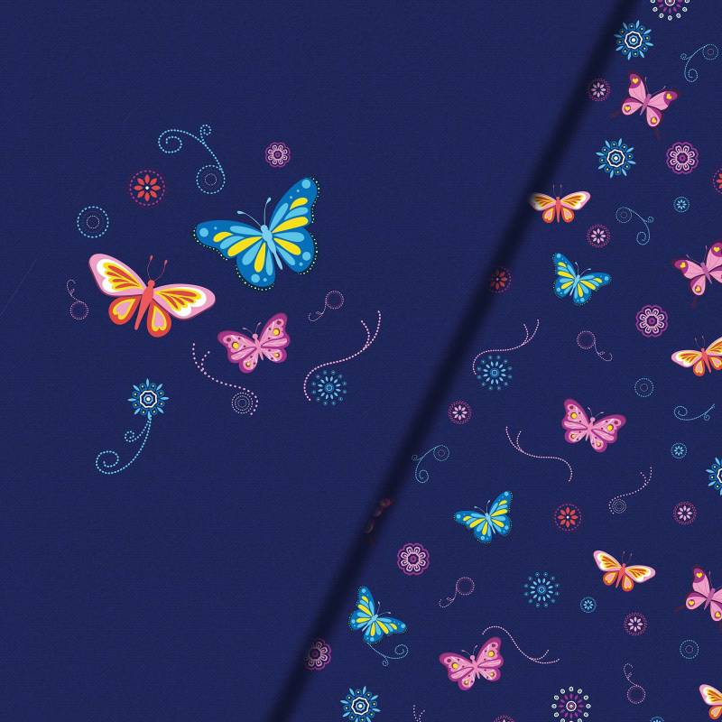 Baumwolljersey Malomi Panel Fröhliche Schmetterlinge, dunkelblau 145 x 80cm Baumwolljersey Malomi Panel Fröhliche Schmetterlinge, dunkelblau 145 x 80cm von Stoffe Hemmers
