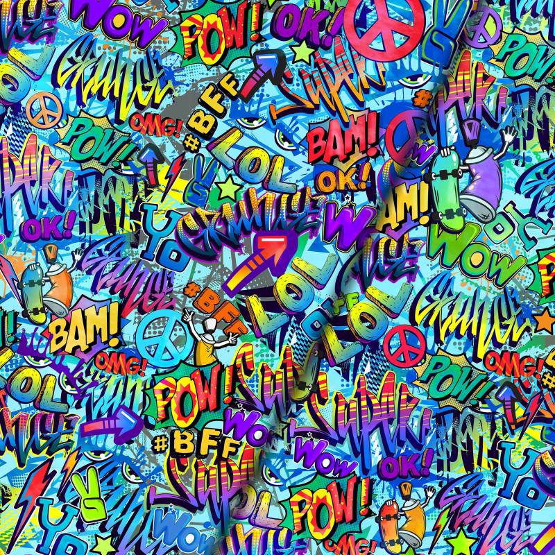 Baumwolljersey Malomi Panel Graffiti Pow How, türkis 145 x 80 cm Baumwolljersey Malomi Panel Graffiti Pow How, türkis 145 x 80 cm von Stoffe Hemmers