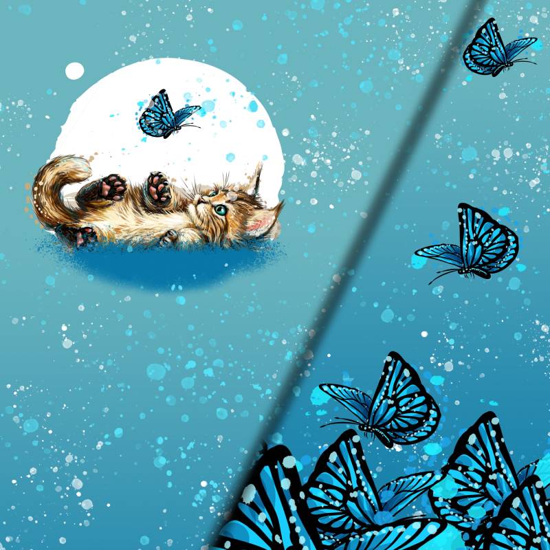 Baumwolljersey Malomi Panel Lovely Cat Bordüre 150 x 65 cm, aqua von Stoffe Hemmers
