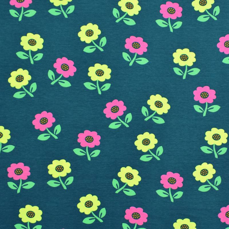 Baumwolljersey Neon Flowers, petrol von Stoffe Hemmers
