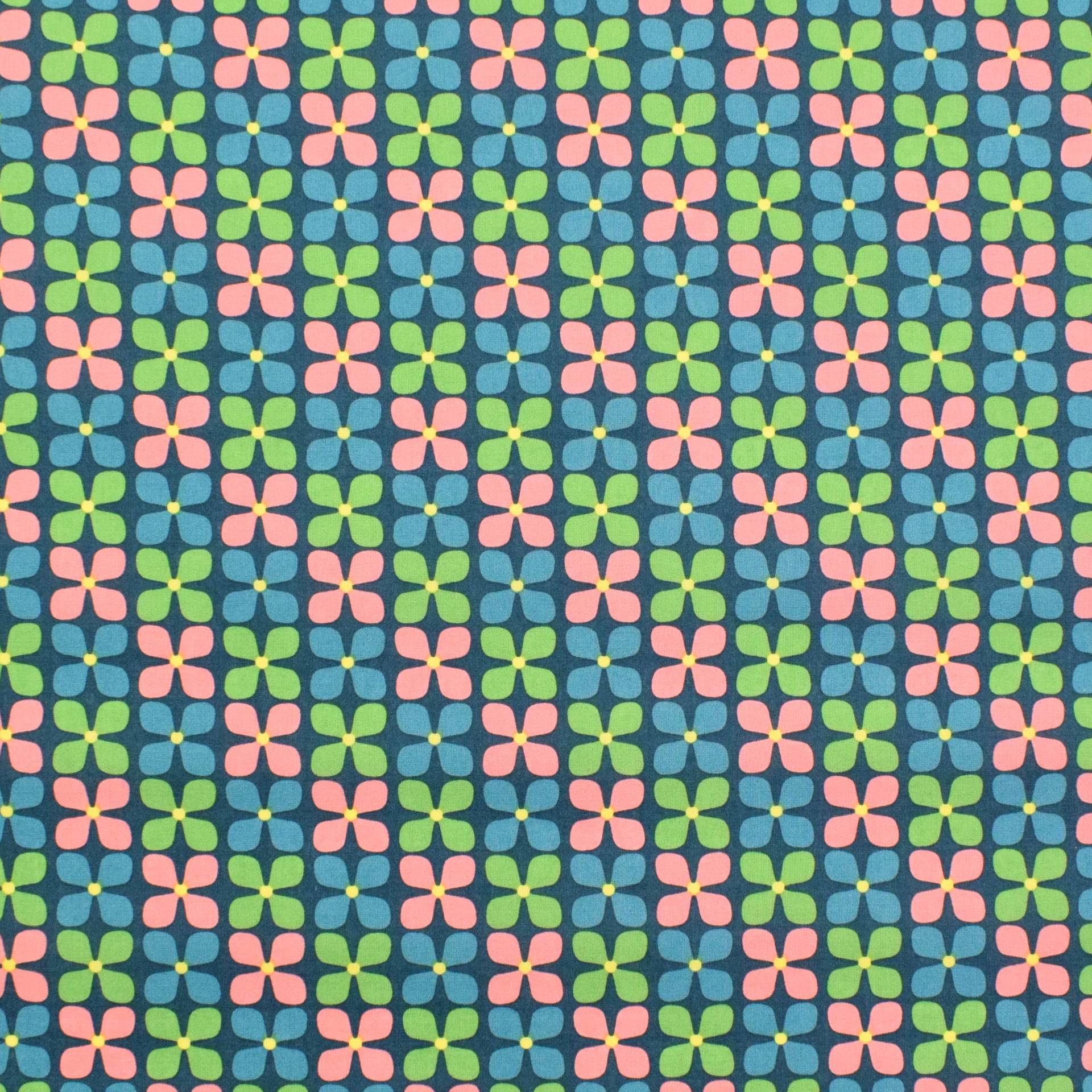 Beschichtete Baumwolle Retro Flowers, petrol von Stoffe Hemmers