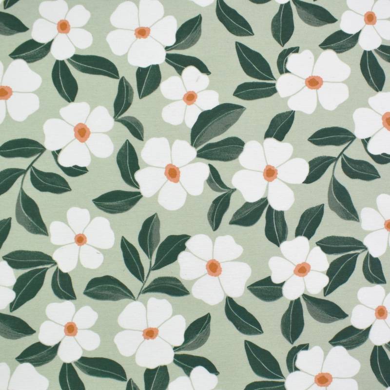 Beschichteter Dekostoff Ottoman Blumen, hellgrün von Stoffe Hemmers