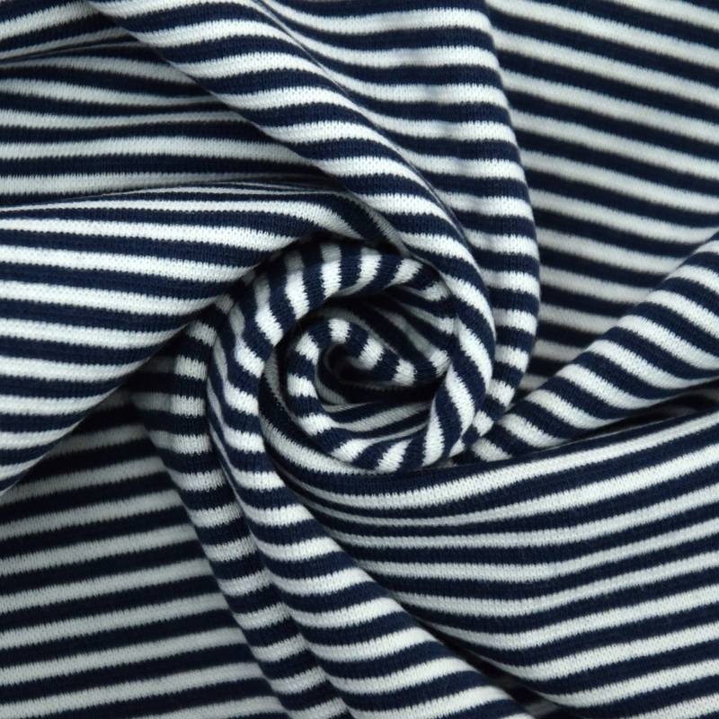 Bündchenstoff Kleine Streifenliebe, marineblau - weiss Bündchenstoff Kleine Streifenliebe, marineblau - weiss von Stoffe Hemmers