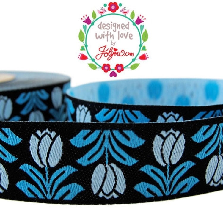Dala Blooma Tulpen, schwarz blau, Farbenmix Webband Dala Blooma Tulpen, schwarz blau, Farbenmix Webband von Stoffe Hemmers