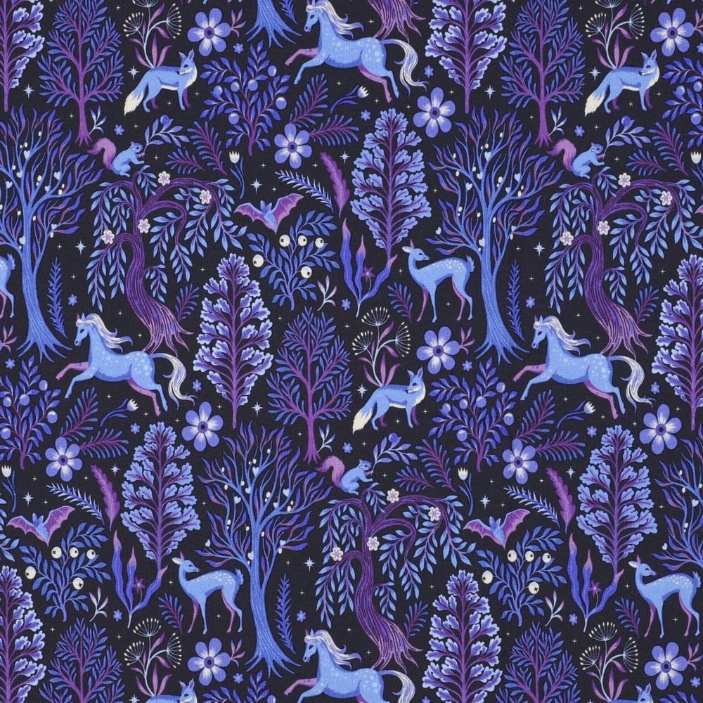 French Terry Mystical Forest, schwarz von Stoffe Hemmers