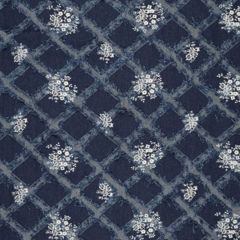 Jeansstoff Flower Embroidery, dunkelblau von Stoffe Hemmers