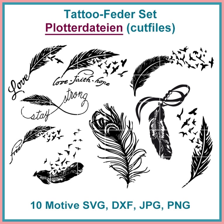 Plotterdatei Rock Queen Tattoo Federn Set von Stoffe Hemmers