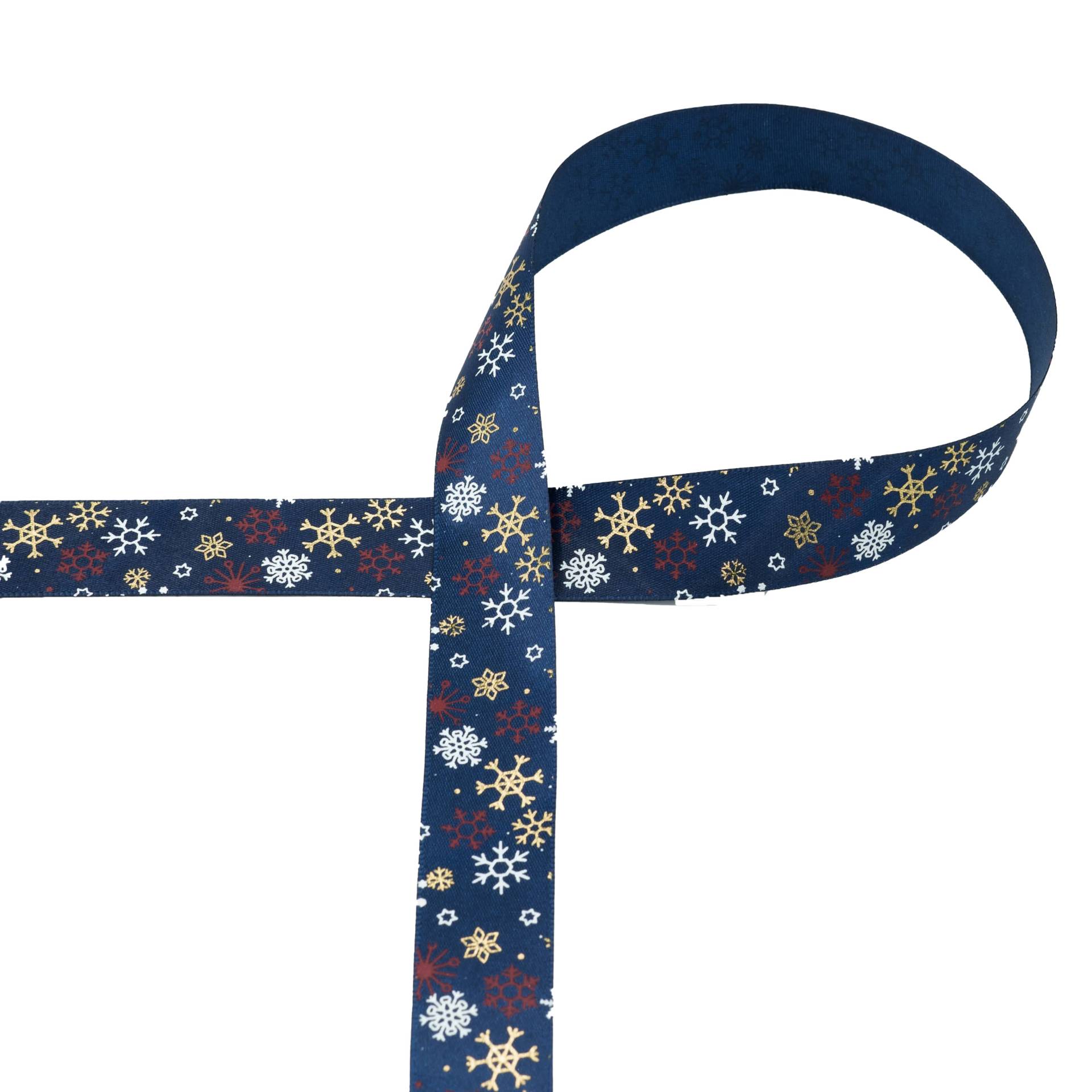 Satinband Snowflakes 25 mm, marine Satinband Snowflakes 25 mm, marine von Stoffe Hemmers