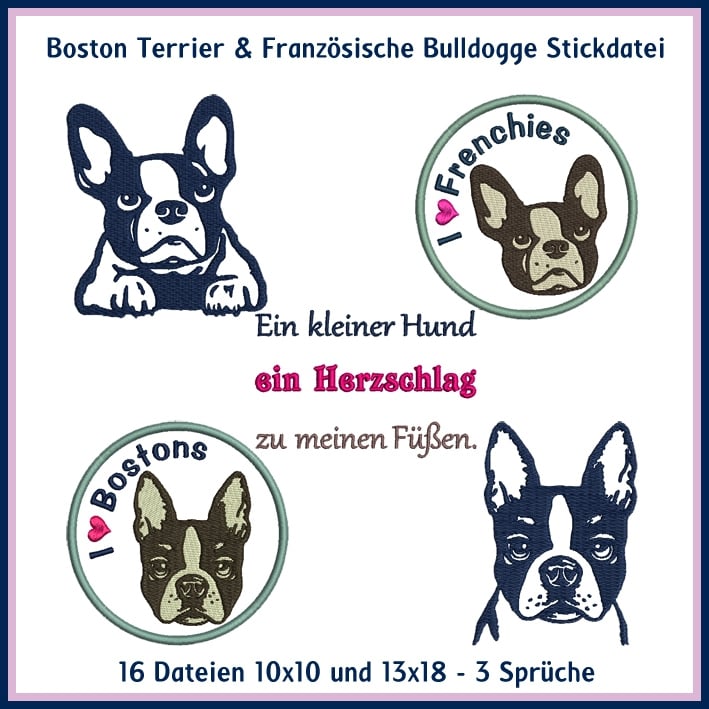 Stickdatei Rock Queen Boston Terrier - Französische Bulldogge von Stoffe Hemmers