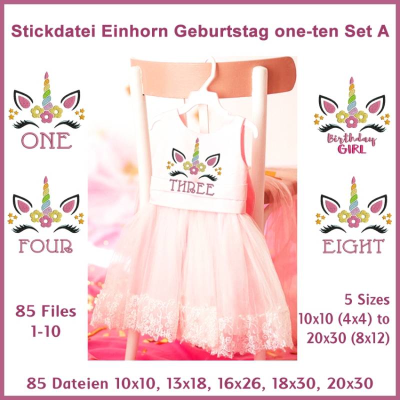 Stickdatei Rock Queen Einhorn Geburtstagsset A von Stoffe Hemmers