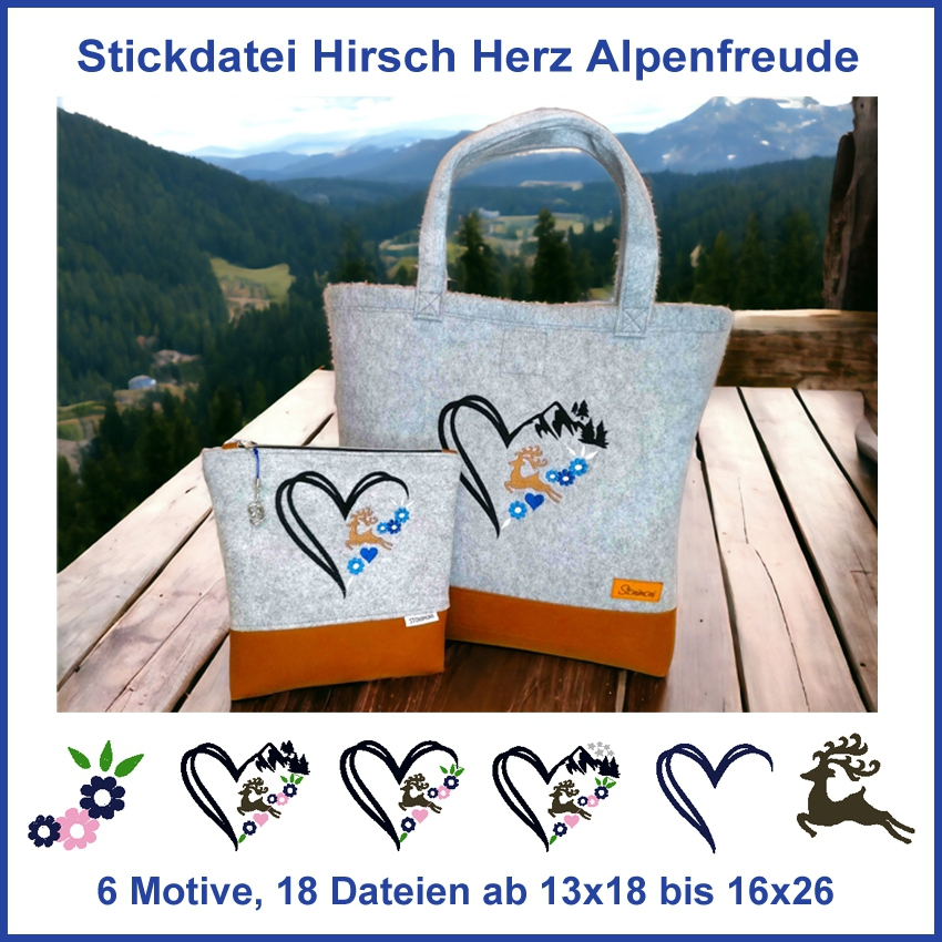 Stickdatei Rock Queen Hirsch Herzen Alpenfreunde von Stoffe Hemmers