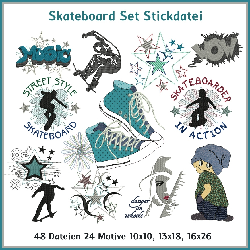 Stickdatei Rock Queen Skateboard von Stoffe Hemmers