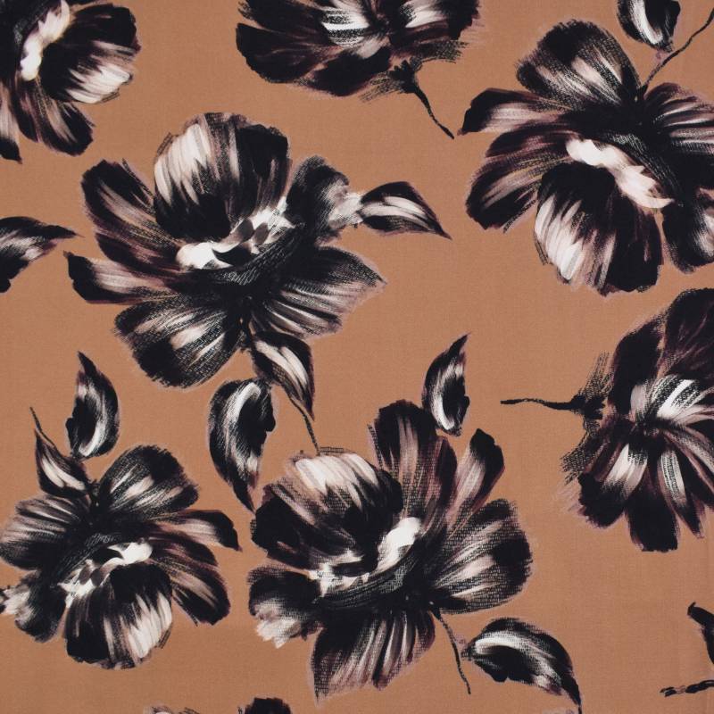 Stretch Viskosesatin Big Flowers, braun von Stoffe Hemmers