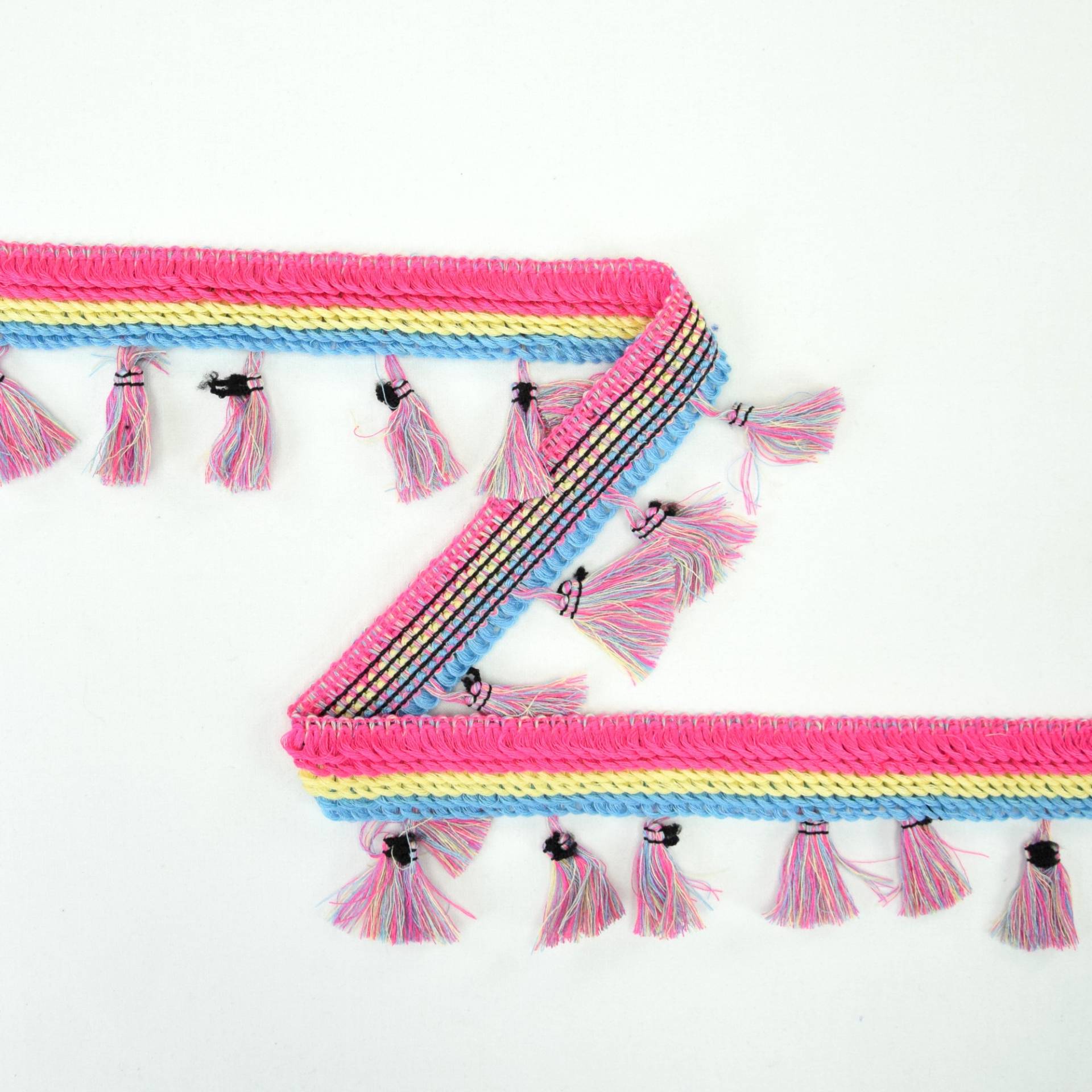 Tasselborte 3 cm, pink, gelb, blau Tasselborte 3 cm, pink, gelb, blau von Stoffe Hemmers
