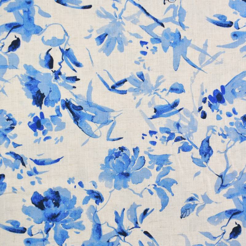 Viskose Leinen Aquarell Flowers, blau von Stoffe Hemmers