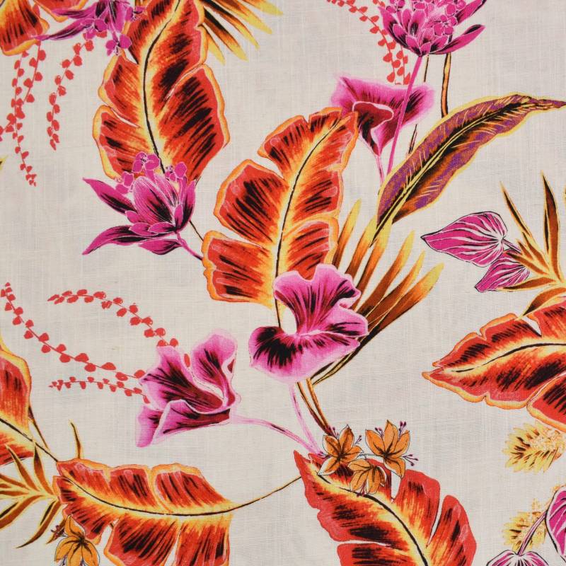 Viskose Leinen Tropical Flowers, rot von Stoffe Hemmers