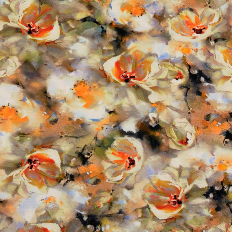 Viskosejersey Flowers, beige von Stoffe Hemmers