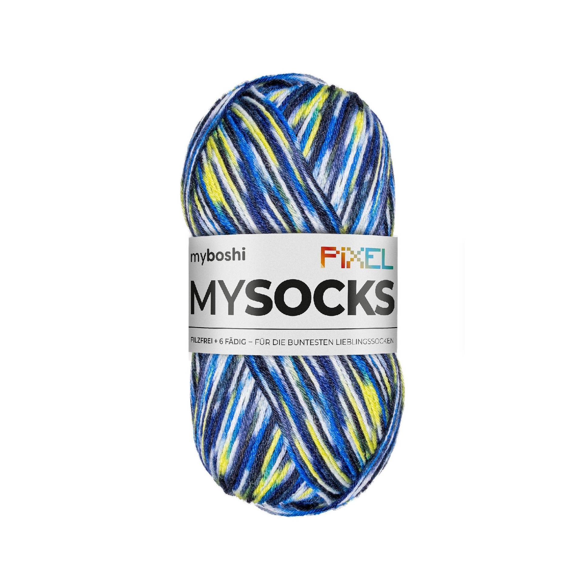 myboshi mysocks Pixel 6-fädige Sockenwolle Otis 150g, blau-gelb von Stoffe Hemmers
