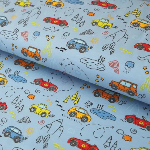 Baumwolljersey "Autos Reise - Kiddy Car in blau" - Premium Jerseystoff ab 25 cm Länge von Stoffe Kudellino