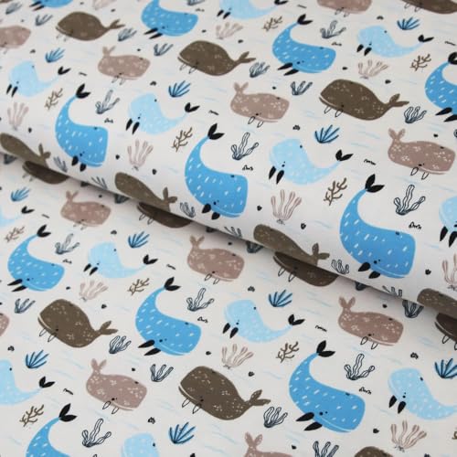 Baumwolljersey "Wale in blau auf beige" Kinderstoff mit Fischen - Premium Jerseystoff ab 25 cm Länge Baumwolljersey "Wale in blau auf beige" Kinderstoff mit Fischen - Premium Jerseystoff ab 25 cm Länge von Stoffe Kudellino
