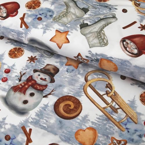 Jerseystoff Weichnachten - "Winterwunderland Schneemann, Schlitten, Zimt und Plätzchen" - Baumwolljersey ab 25 cm Länge Jerseystoff Weichnachten - "Winterwunderland Schneemann, Schlitten, Zimt und Plätzchen" - Baumwolljersey ab 25 cm Länge von Stoffe Kudellino