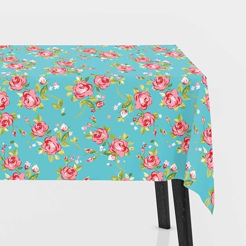 Wachstuch beschichtete Tischdecke 0,5m - Wasserdicht Abwischbar Öko-Tex Dekostoffe Tischdecke Meterware (Rosen Petrol) von Stofftreff Santi