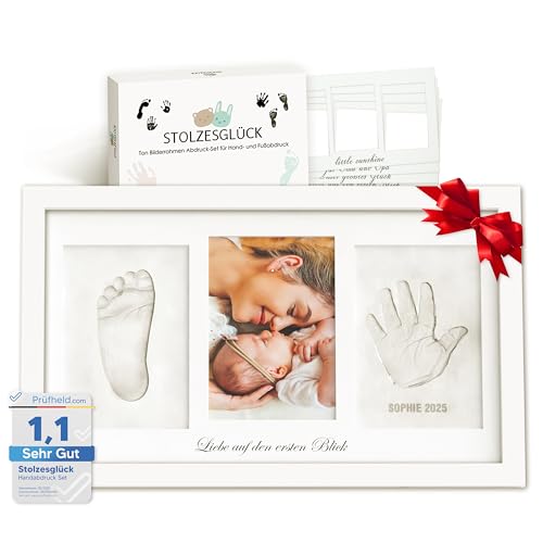 Stolzesglück Premium Fußabdruck Handabdruck Baby Tonabdruck XXL SET 4+1 DESIGNS | Personalisierbar, inkl. Zubehör, Echtholz Rahmen | Tonabdruck Baby Hand & Fuß von Stolzesglück