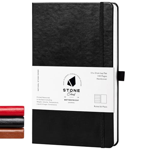 Stone Klassisches A5-Hardcover-Notizbuch (schwarz) – veganes Leder, wasserfestes & fettdichtes Kalksteinpapier, Innentasche, Gummibandverschluss von Stone