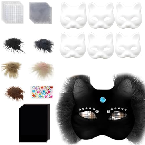 Handbemalten Katzen Maske Animal Kits Maskerade Blanks Mit Plüschstoff Halloween Party Für Erwachsene Handbemalte Katzen Masquerade Animal Kits Halloween von Storage Bag