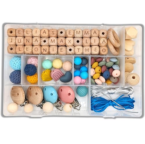 Storchenkind® 142 Teile DIY Bastelset inkl. Videoanleitung, personalisiertes Geschenk zur Geburt, Babyparty Spiele, Silikon- und Holzperlen zum selber machen Set von Storchenkind