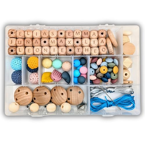 Storchenkind® Bastelset 143 Teile inkl. Videoanleitung, Kreative Babyparty spiele Silikon- Holzperlen, zum selber machen Set von Storchenkind