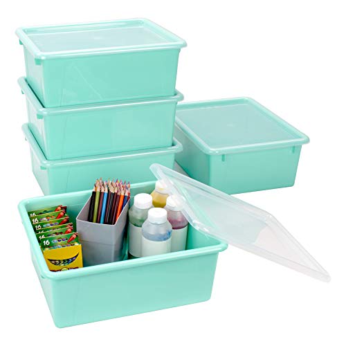 Storex Tiefe Aufbewahrungsablage in Briefgröße – Organizer Bin mit Anti-Schnapp-Deckel für Klassenzimmer, Büro und Zuhause, blaugrün, 5er-Pack (62549A05C) von Storex