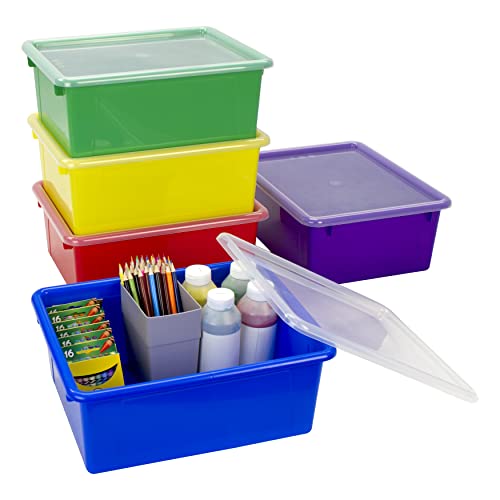 Storex Tiefe Aufbewahrungsablage in Briefgröße – Organizer Bin mit Anti-Schnapp-Deckel für Klassenzimmer, Büro und Zuhause, verschiedene Farben, 5er-Pack (62542A05C) von Storex