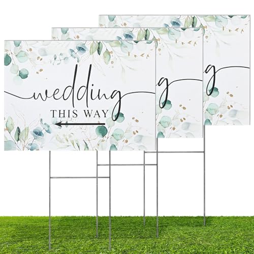 Hochzeitsschilder "This Way", doppelseitig, bedruckt mit Pfählen für Zeremonie, Empfang, Rasen, Hof, Richtung, exquisiter Kunststoff, regendicht, Hochzeitsbedarf, Blätter, 3 Stück von Stranthother