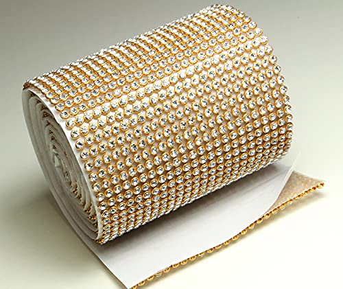 Crystal/Gold Mesh Strassband SS8 SELBSTKLEBEND Breite wählbar, 1,15m lang Strasssteine Klar 24 reihig / 78 mm x ca.1150 mm von Strass-Box Bänder selbstklebend
