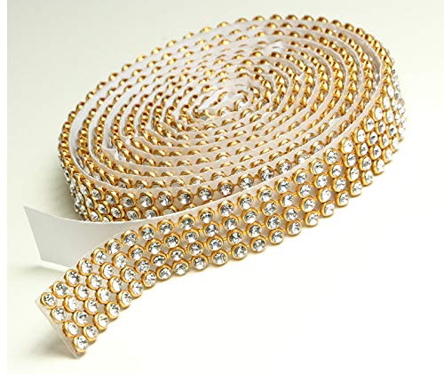 Crystal/Gold Mesh Strassband SS8 SELBSTKLEBEND Breite wählbar, 1,15m lang Strasssteine Klar 4 reihig / 13 mm x ca.1150 mm von Strass-Box Bänder selbstklebend