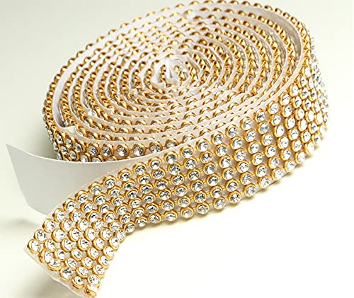 Crystal/Gold Mesh Strassband SS8 SELBSTKLEBEND Breite wählbar, 1,15m lang Strasssteine Klar 6 reihig / 20 mm x ca.1150 mm von Strass-Box Bänder selbstklebend