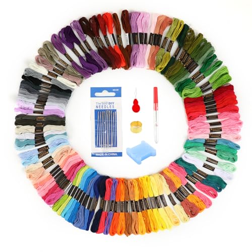 Strehknewen Stickgarn Set 100 Farben, Stickset für Anfänger und Profis, 8 Meter Baumwollgarn, Stickpackung mit DIY Zubehör, Kreuzstich, rotes und buntes Stickgarn von Strehknewen