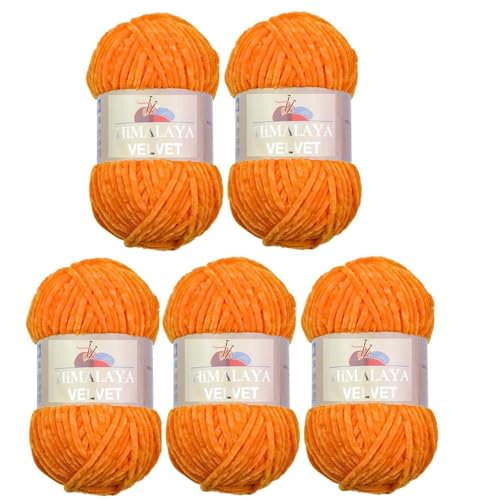 Himalaya Velvet Wolle – 100% Micro-Polyester, 5 x100gr, 120m, Stärke 6 Super Bulky, Nadeln 8mm, Ideal für Pullover, Schals, Mützen & Heimtextilien (Orange) von Strickfein