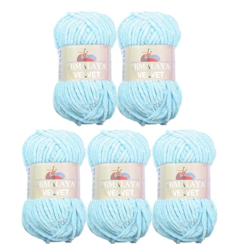 Himalaya Velvet Wolle – 100% Micro-Polyester, 5 x100gr, 120m, Stärke 6 Super Bulky, Nadeln 8mm, Ideal für Pullover, Schals, Mützen & Heimtextilien - Babyblau 90006 von Strickfein