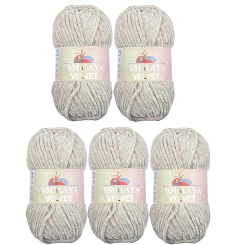 Himalaya Velvet Wolle – 100% Micro-Polyester, 5 x100gr, 120m, Stärke 6 Super Bulky, Nadeln 8mm, Ideal für Pullover, Schals, Mützen & Heimtextilien - Beige 90042 von Strickfein