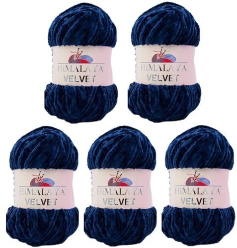 Himalaya Velvet Wolle – 100% Micro-Polyester, 5 x100gr, 120m, Stärke 6 Super Bulky, Nadeln 8mm, Ideal für Pullover, Schals, Mützen & Heimtextilien - Dunkelblau 90021 von Strickfein