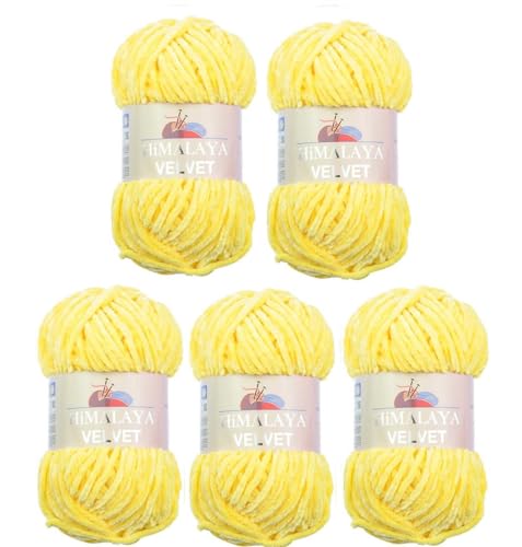 Himalaya Velvet Wolle – 100% Micro-Polyester, 5 x100gr, 120m, Stärke 6 Super Bulky, Nadeln 8mm, Ideal für Pullover, Schals, Mützen & Heimtextilien - Gelb 90002 von Strickfein