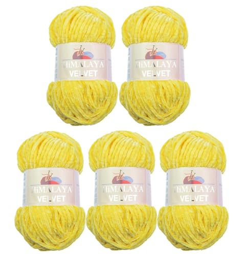 Himalaya Velvet Wolle – 100% Micro-Polyester, 5 x100gr, 120m, Stärke 6 Super Bulky, Nadeln 8mm, Ideal für Pullover, Schals, Mützen & Heimtextilien - Gelb 90013 von Strickfein
