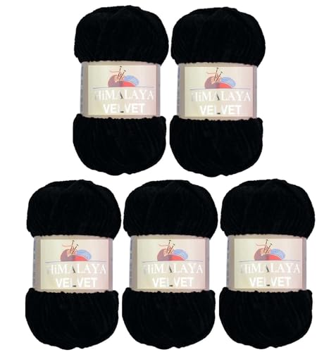Himalaya Velvet Wolle – 100% Micro-Polyester, 5 x100gr, 120m, Stärke 6 Super Bulky, Nadeln 8mm, Ideal für Pullover, Schals, Mützen & Heimtextilien - Schwarz 90011 von Strickfein