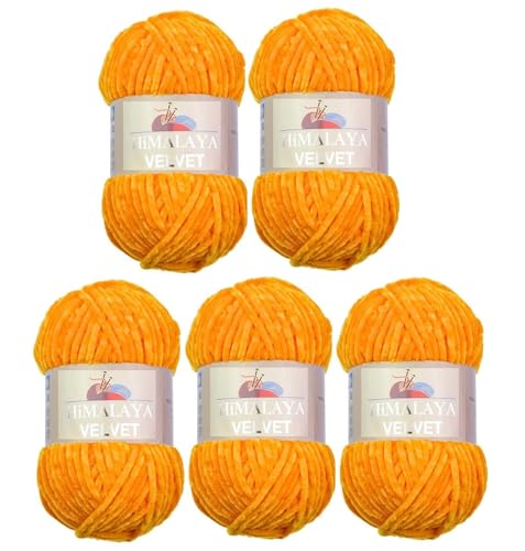 Himalaya Velvet Wolle – 100% Micro-Polyester, 5 x100gr, 120m, Stärke 6 Super Bulky, Nadeln 8mm, Ideal für Pullover, Schals, Mützen & Heimtextilien - Sonnengelb 90068 von Strickfein